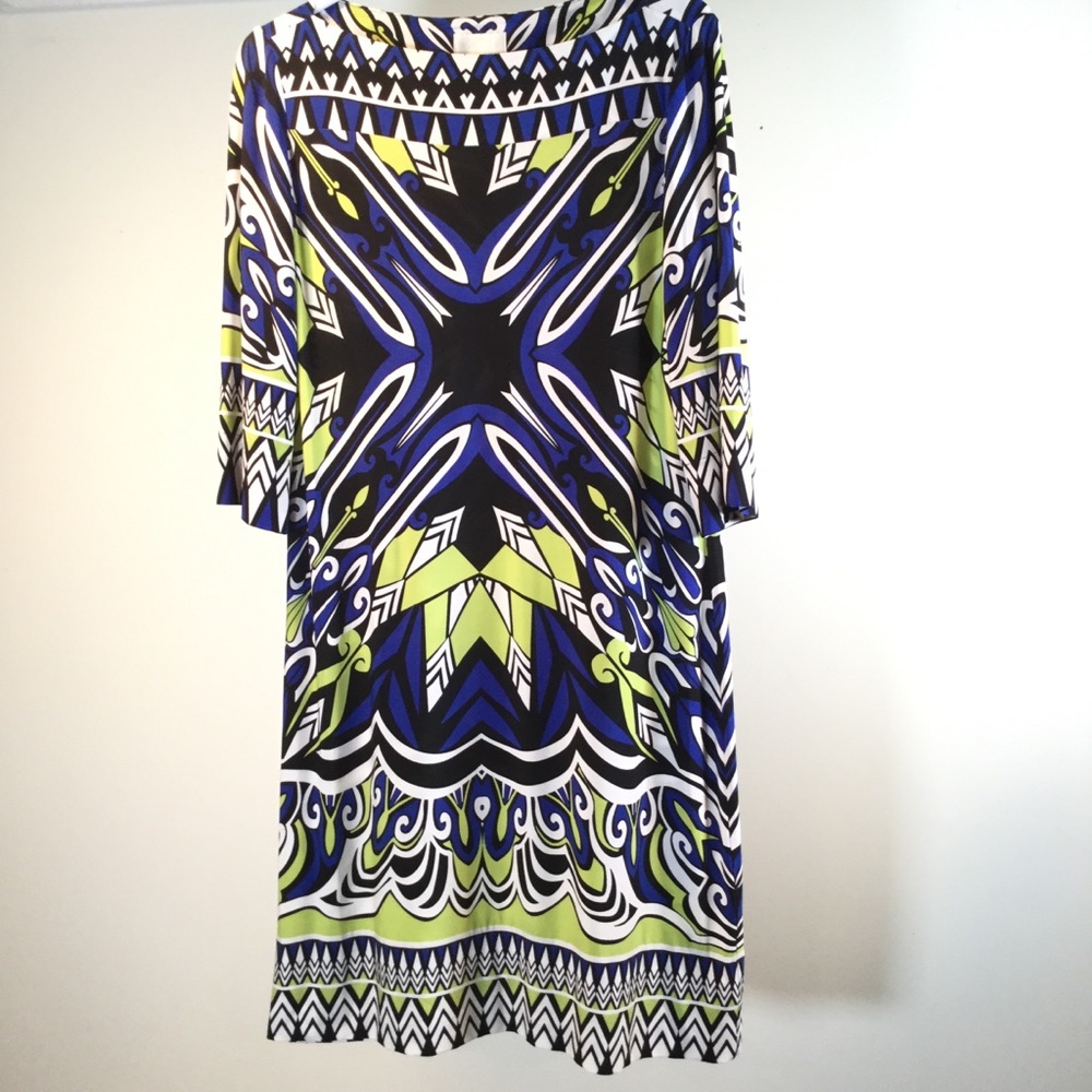 Multi-color geometric pattern Donna Morgan dress.